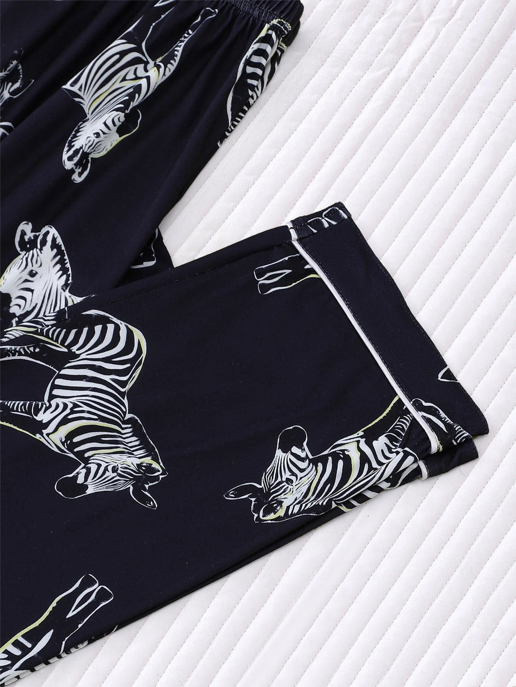Stylish Zebra Print Womens Pajama Set - Short Sleeve Button Up Top with Lapel