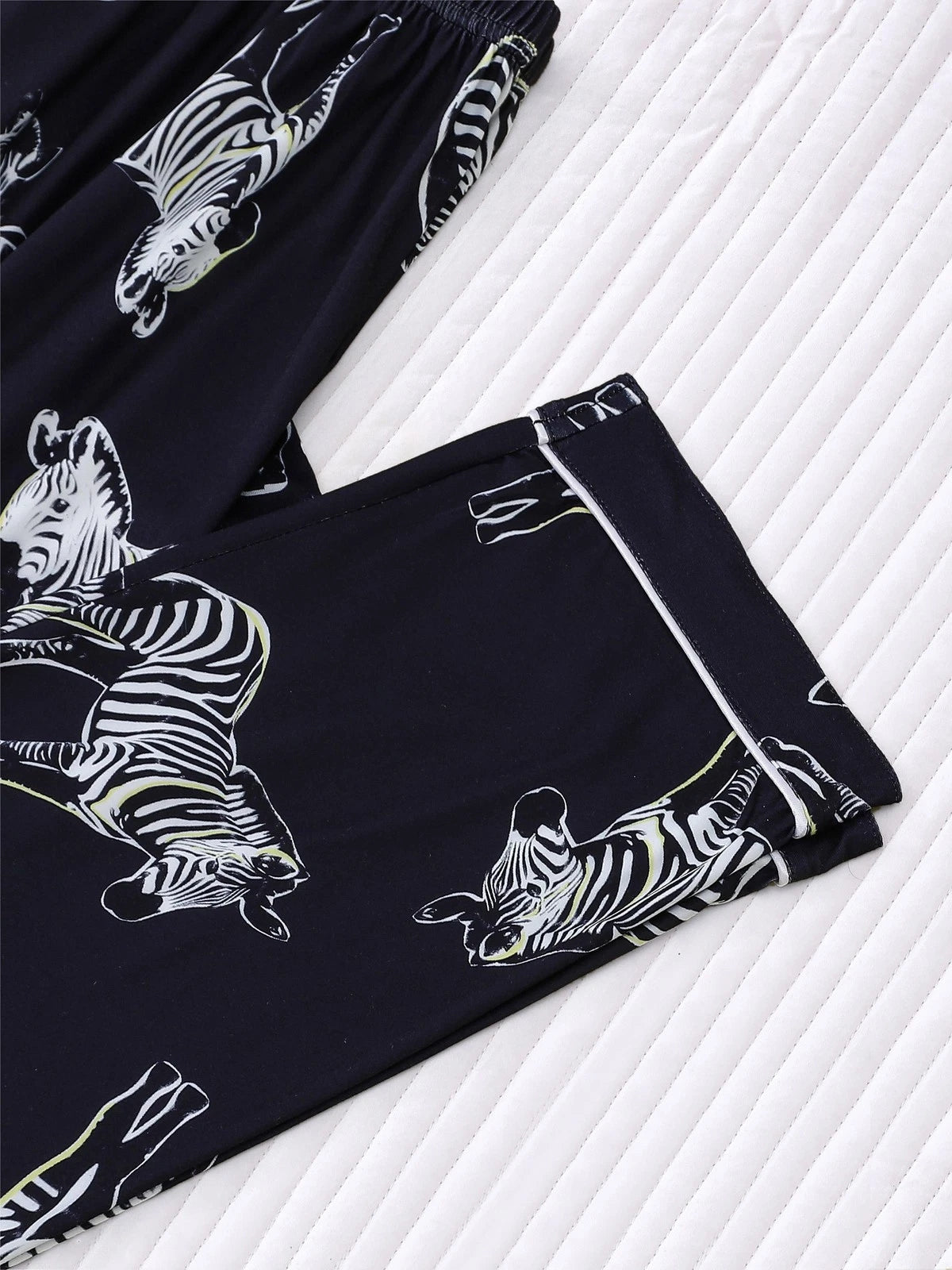Stylish Zebra Print Womens Pajama Set - Short Sleeve Button Up Top with Lapel