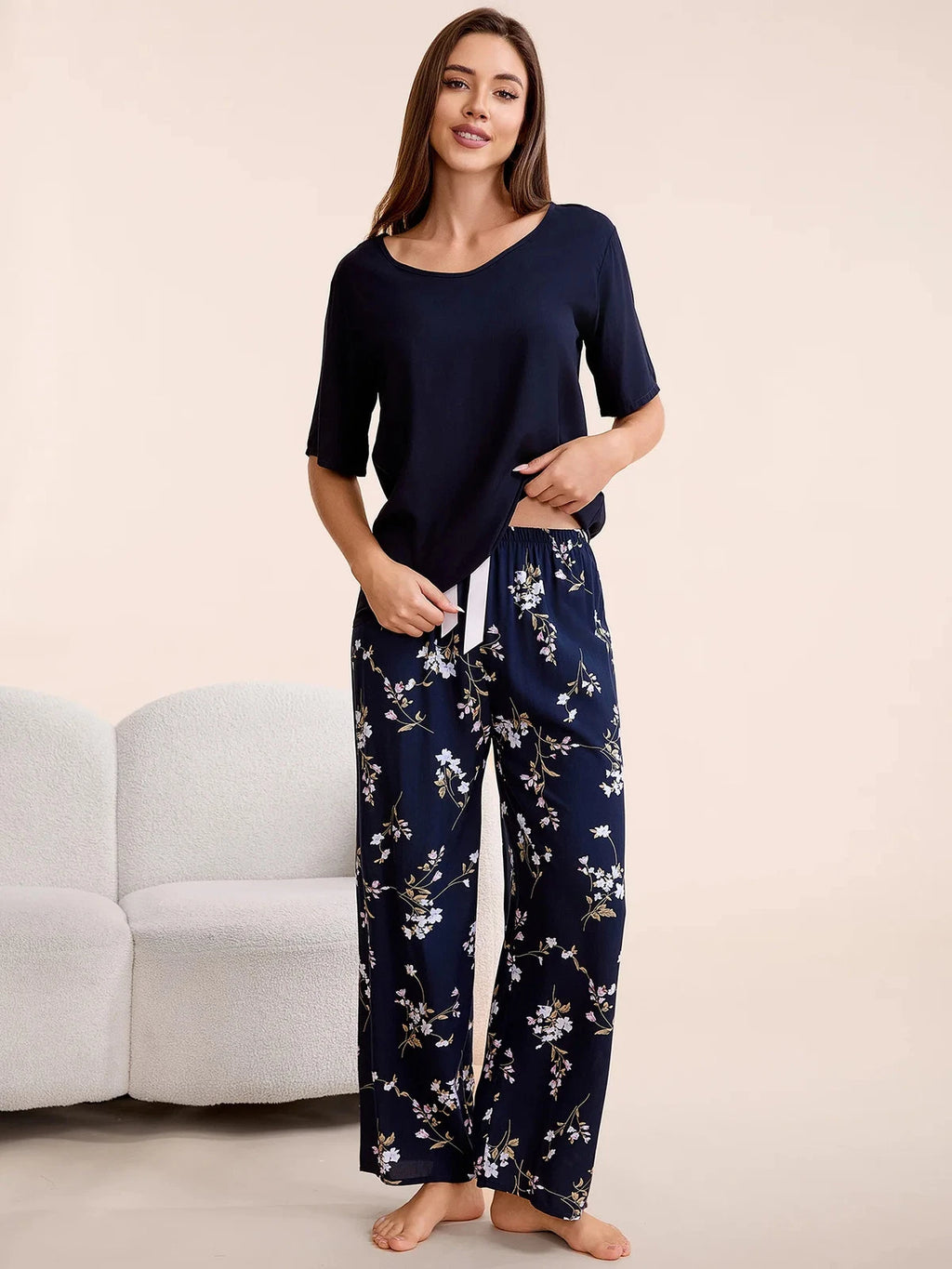 Plus Size S-6XL Viscose Women Pajamas Set Pants Floral Print Casual Sleepwear
