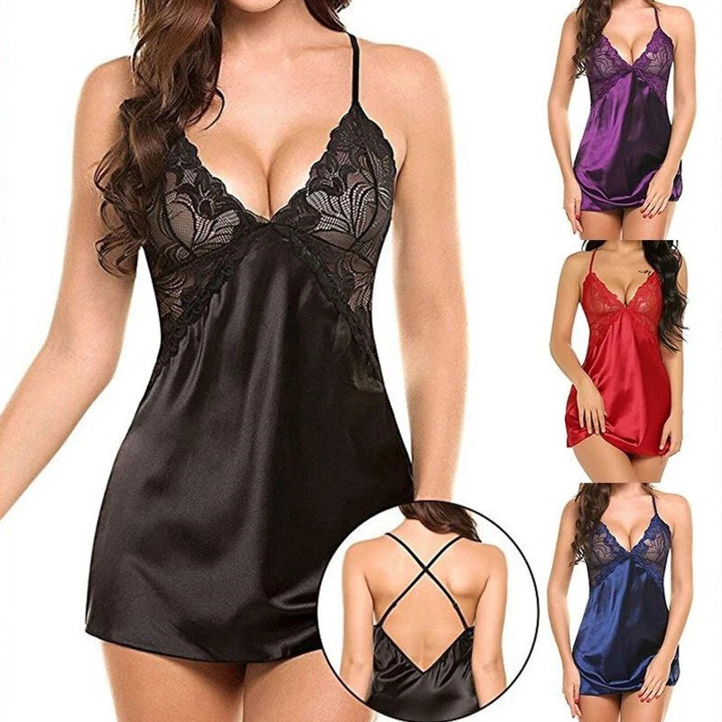 2PCS/set Women Lace Pajamas Deep V Neck Solid Color Sleepwear Sexy Fashion