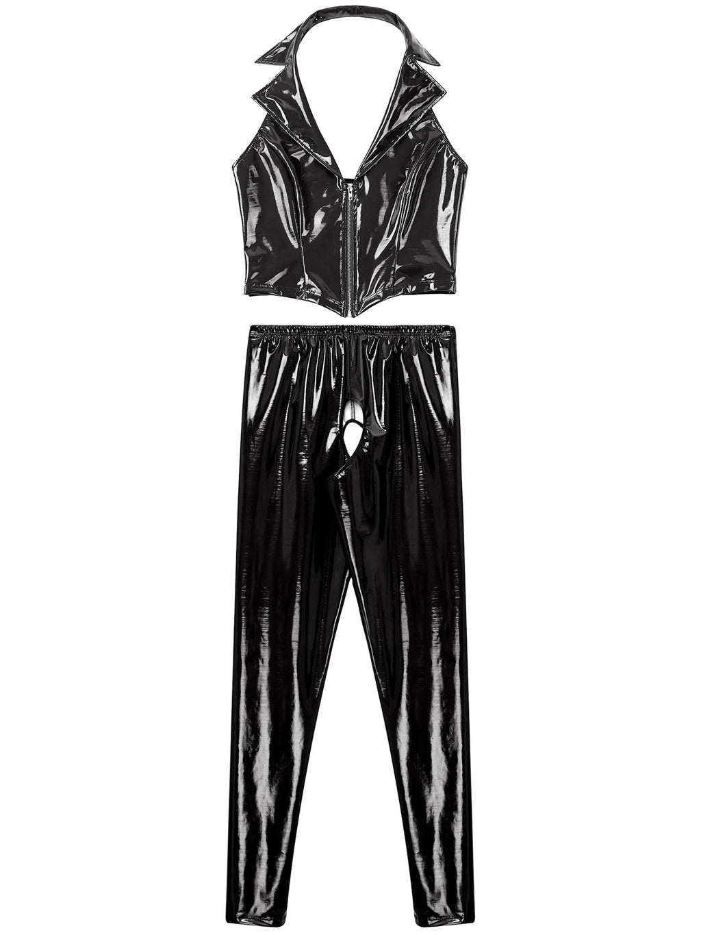 Womens Lingerie Set Crotchless Clubwear Patent Leather Catsuit Wirefree Costume