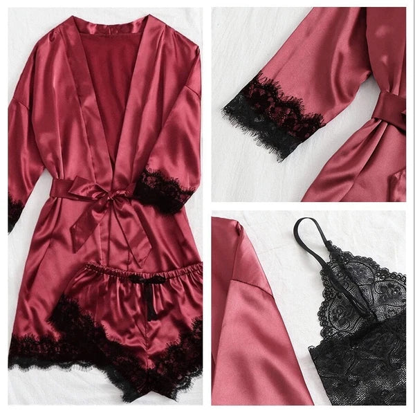 S-3XL Four-Piece Womens Ladies Pajamas Sexy Home Wear Set Lace Sling Underwear