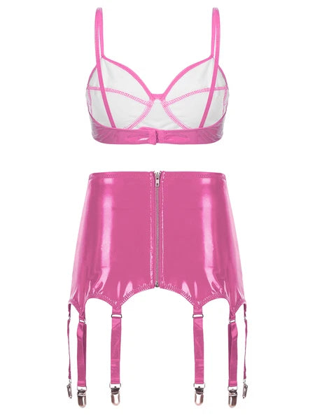 Womens Lingerie Set Metallic Crop Top Wirefree Miniskirt Unlined Nightwear Sexy