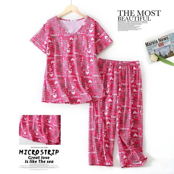 Womens Capri Set Sleepwear Soft Pajamas Sleep Nightshirts Print Comfy Pyjama Set