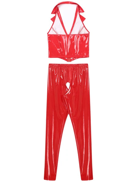 Womens Lingerie Set Crotchless Clubwear Patent Leather Catsuit Wirefree Costume