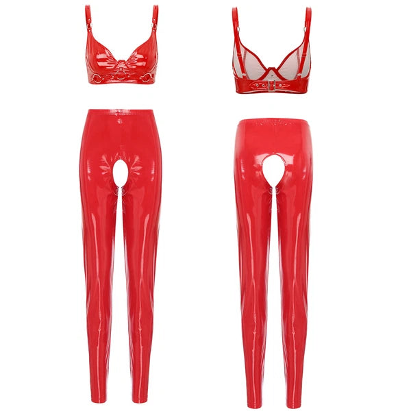 Womens Lingerie Set Crotchless Clubwear Patent Leather Catsuit Wirefree Costume