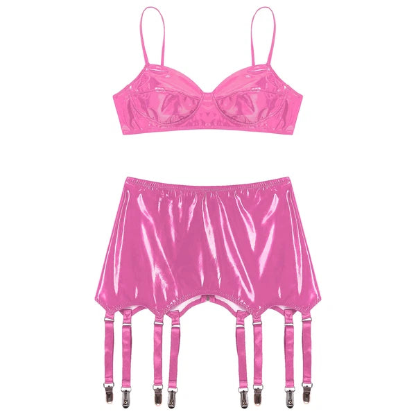 Womens Lingerie Set Metallic Crop Top Wirefree Miniskirt Unlined Nightwear Sexy