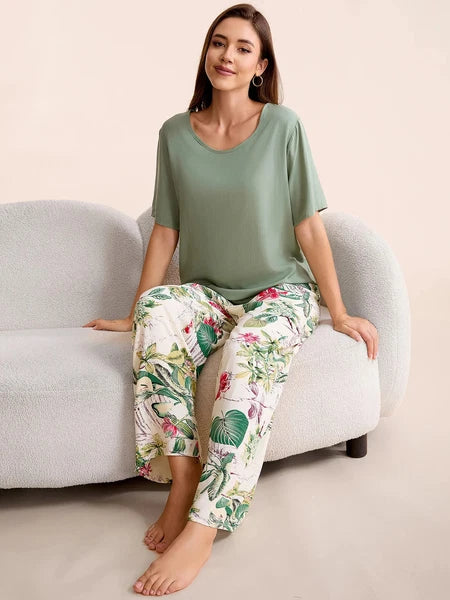 Plus Size S-6XL Viscose Women Pajamas Set Pants Floral Print Casual Sleepwear