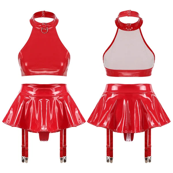Womens Sexy PVC Leather Lingerie Set Shiny Backless Crop Tops Vest with Skirt