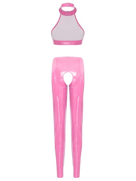 Womens Lingerie Set Crotchless Clubwear Patent Leather Catsuit Wirefree Costume
