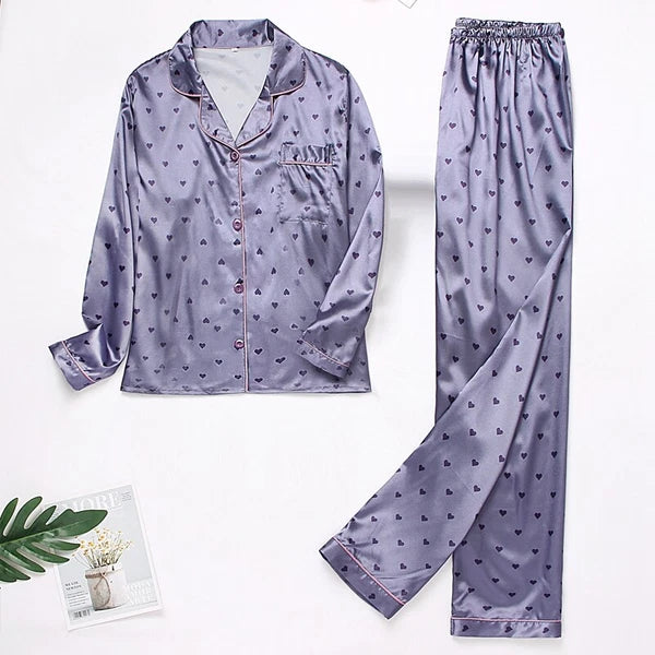 Womens Ladies Satin Nightwear Pyjamas 2Pcs Set Silk PJS Long Sleeve Sleepwear