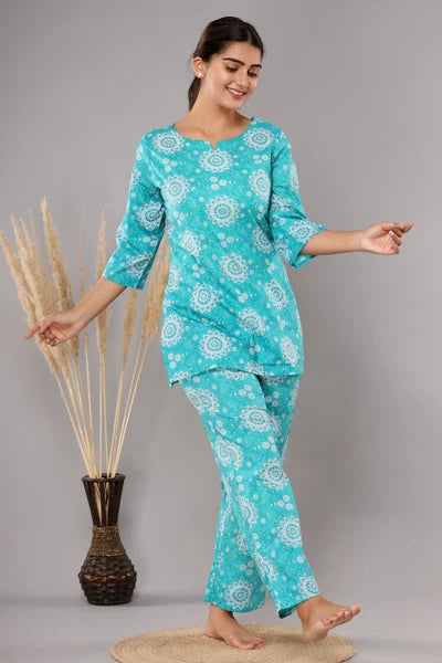 New Indian Printed Cotton Top &Pajama Set Ethnic Sleepwear/Lounge Wear/NightSuit