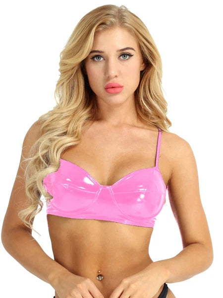 Womens Miniskirt Sexy Lingerie Set No Pad Crop Top Faux Leather Nightwear Vest