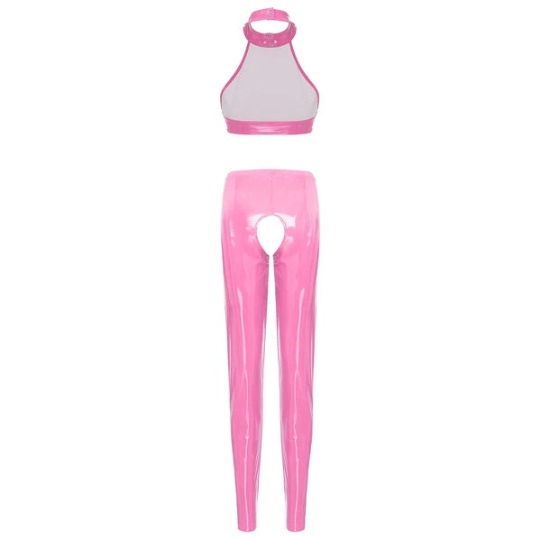 Womens Lingerie Set Crotchless Clubwear Patent Leather Catsuit Wirefree Costume