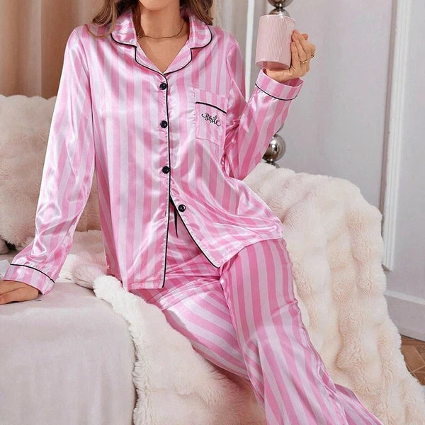 Womens Ladies Satin Nightwear Pyjamas 2Pcs Set Silk PJS Long Sleeve Sleepwear