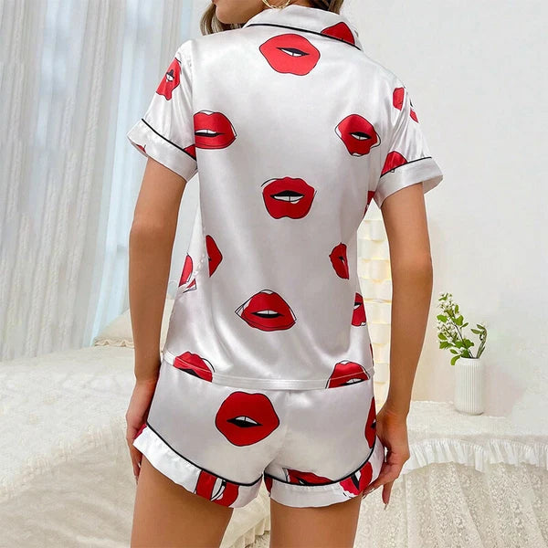 Womens Printed SATIN Short Sleeve Top Pyjamas Set Button Up Ladies Shorts PJ Set