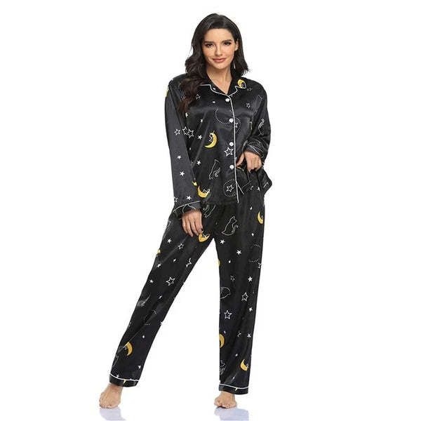 Womens Ladies Satin Nightwear Pyjamas 2Pcs Set Silk PJS Long Sleeve Sleepwear