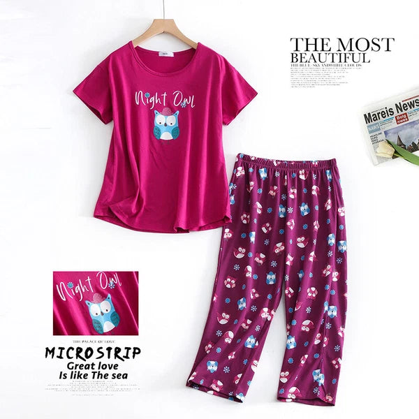 Womens Capri Set Sleepwear Soft Pajamas Sleep Nightshirts Print Comfy Pyjama Set
