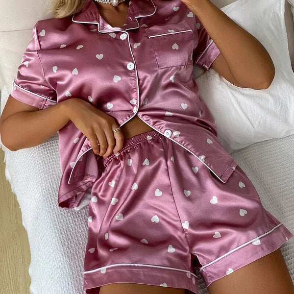 Womens Printed SATIN Short Sleeve Top Pyjamas Set Button Up Ladies Shorts PJ Set