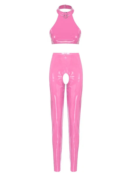 Womens Lingerie Set Crotchless Clubwear Patent Leather Catsuit Wirefree Costume