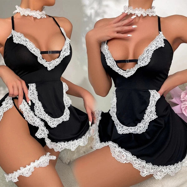 Sexy Women Lingerie French Maid Cosplay Mini Dress Set with Chocker Costume US