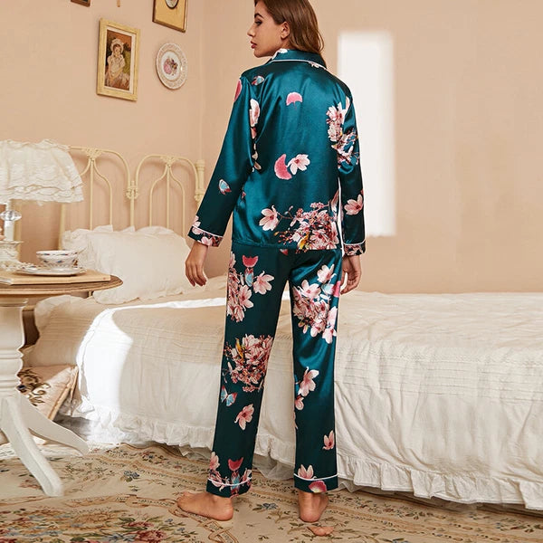 Womens Ladies Satin Nightwear Pyjamas 2Pcs Set Silk PJS Long Sleeve Sleepwear