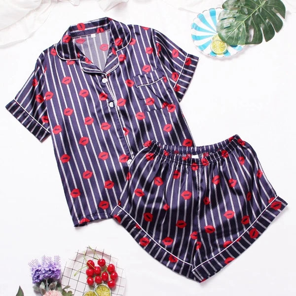 Womens Printed SATIN Short Sleeve Top Pyjamas Set Button Up Ladies Shorts PJ Set