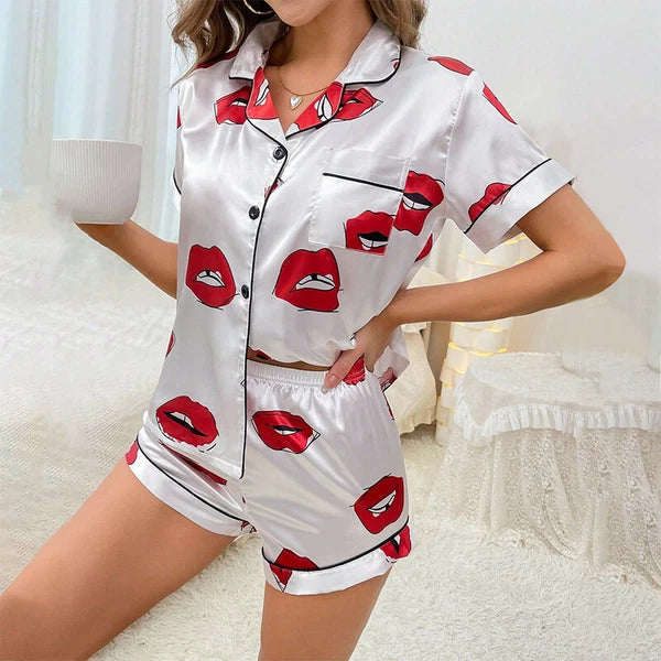 Womens Printed SATIN Short Sleeve Top Pyjamas Set Button Up Ladies Shorts PJ Set