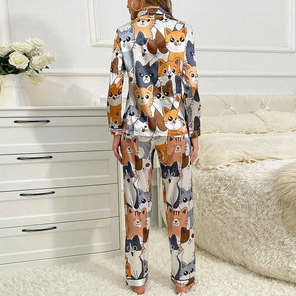 Womens Ladies Satin Nightwear Pyjamas 2Pcs Set Silk PJS Long Sleeve Sleepwear