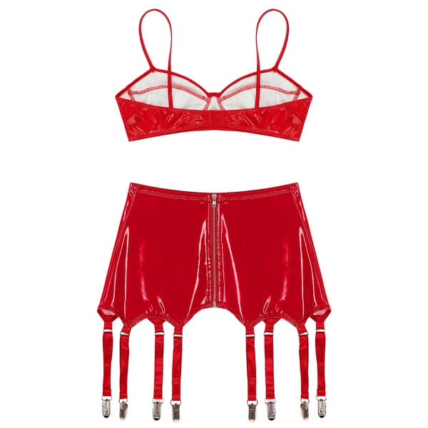 Womens Miniskirt Sexy Lingerie Set No Pad Crop Top Faux Leather Nightwear Vest