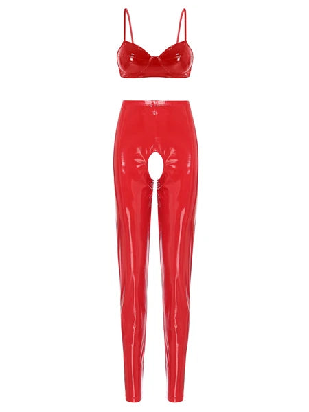 Womens Lingerie Set Crotchless Clubwear Patent Leather Catsuit Wirefree Costume