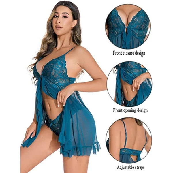 Women Lace Babydoll Lingerie Sexy Chemise G-string Set Nightie Bridal Nightdress