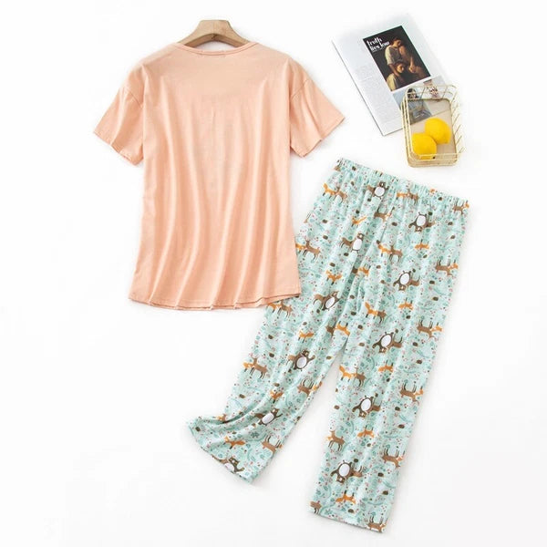 Womens Capri Set Sleepwear Soft Pajamas Sleep Nightshirts Print Comfy Pyjama Set