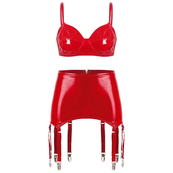 Womens Miniskirt Sexy Lingerie Set No Pad Crop Top Faux Leather Nightwear Vest