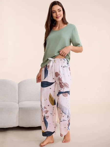 Plus Size S-6XL Viscose Women Pajamas Set Pants Floral Print Casual Sleepwear