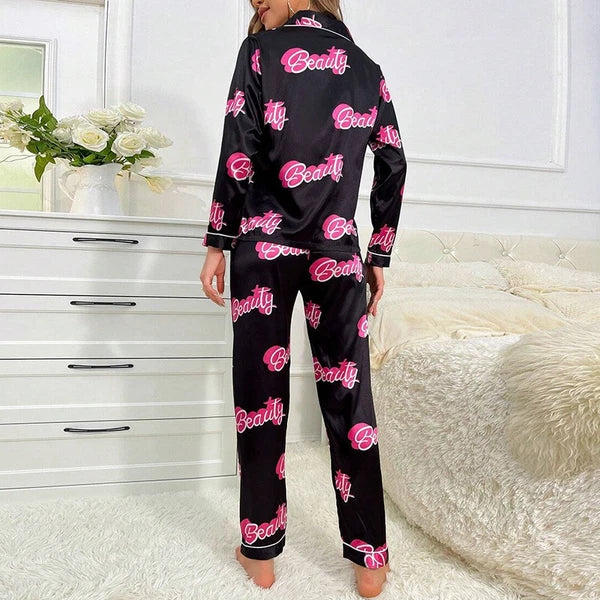 Womens Ladies Satin Nightwear Pyjamas 2Pcs Set Silk PJS Long Sleeve Sleepwear