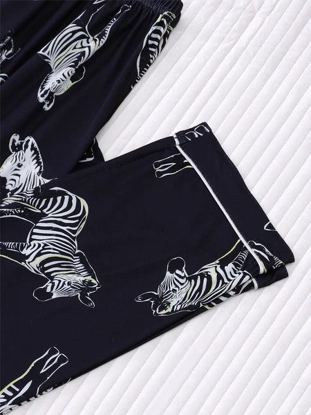 Stylish Zebra Print Womens Pajama Set - Short Sleeve Button Up Top with Lapel