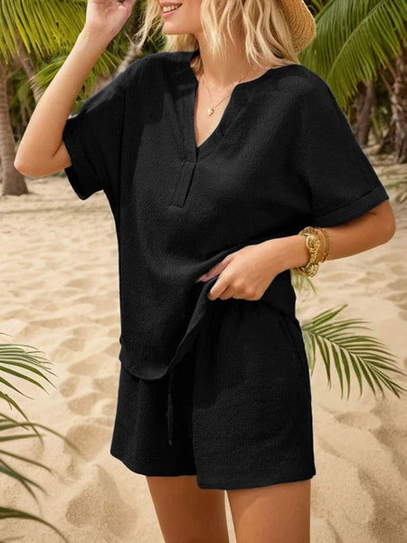 Women's V-Neck Short Sleeve Top and Drawstring Shorts Set NEW