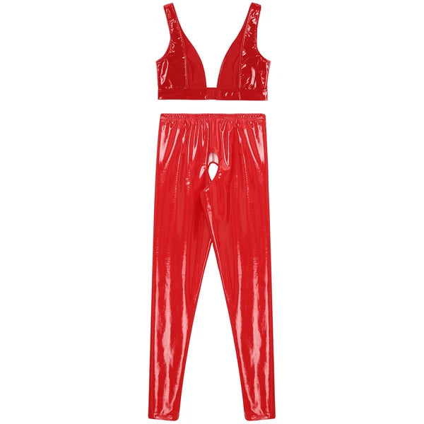 Womens Lingerie Set Crotchless Clubwear Patent Leather Catsuit Wirefree Costume