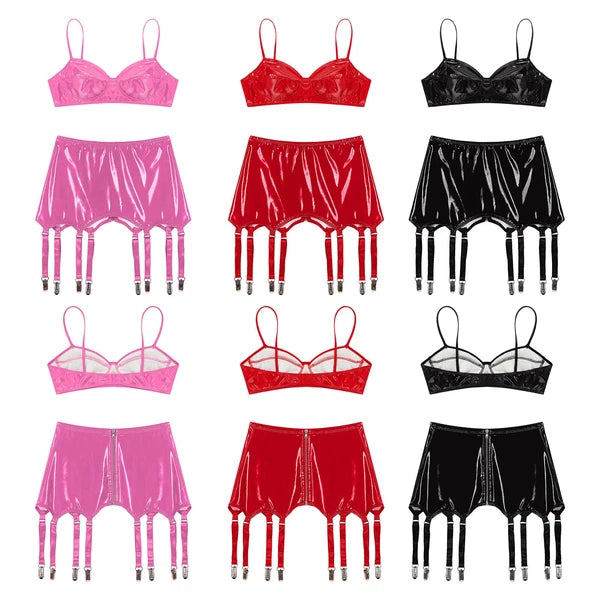 Womens Lingerie Set Metallic Crop Top Wirefree Miniskirt Unlined Nightwear Sexy