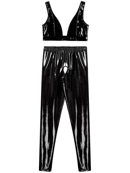 Womens Lingerie Set Crotchless Clubwear Patent Leather Catsuit Wirefree Costume
