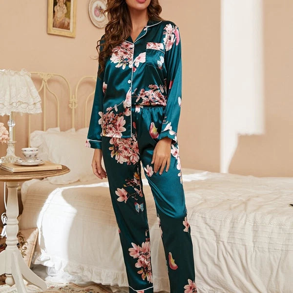 Womens Ladies Satin Nightwear Pyjamas 2Pcs Set Silk PJS Long Sleeve Sleepwear