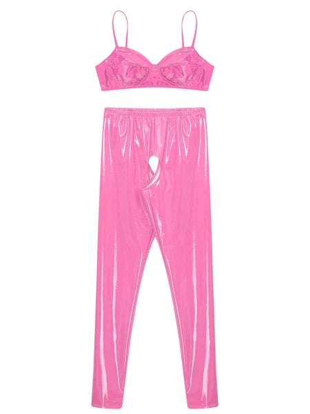 Womens Lingerie Set Crotchless Clubwear Patent Leather Catsuit Wirefree Costume