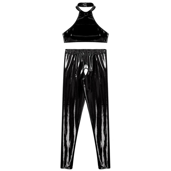 Womens Lingerie Set Crotchless Clubwear Patent Leather Catsuit Wirefree Costume