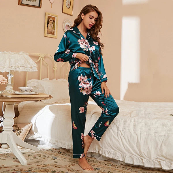 Womens Ladies Satin Nightwear Pyjamas 2Pcs Set Silk PJS Long Sleeve Sleepwear