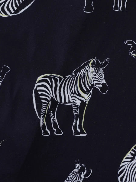 Stylish Zebra Print Womens Pajama Set - Short Sleeve Button Up Top with Lapel