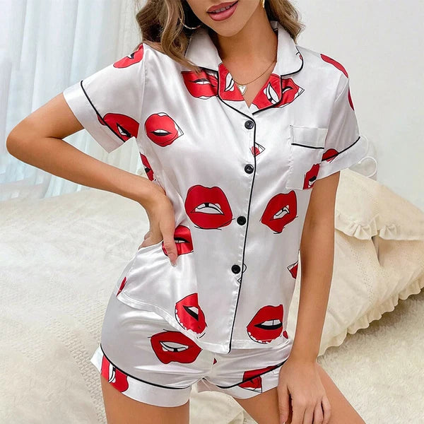 Womens Printed SATIN Short Sleeve Top Pyjamas Set Button Up Ladies Shorts PJ Set