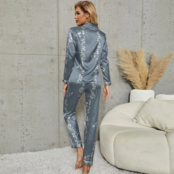 Womens Ladies Satin Nightwear Pyjamas 2Pcs Set Silk PJS Long Sleeve Sleepwear
