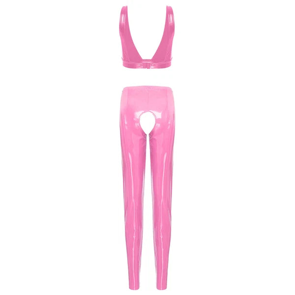 Womens Lingerie Set Crotchless Clubwear Patent Leather Catsuit Wirefree Costume