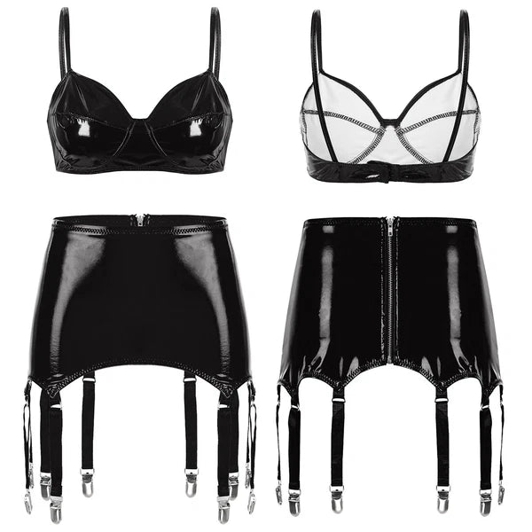 Womens Miniskirt Sexy Lingerie Set No Pad Crop Top Faux Leather Nightwear Vest